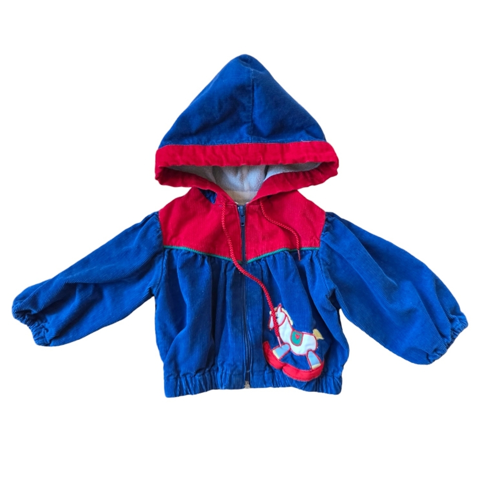 Vintage 1990s primary colors rocking horse corduroy zip-up jacket